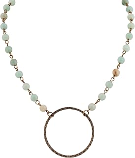 MINACHI Boho Beaded Necklace for Women, Blue Amazonite Bead Necklace with Bronze Circle Pendant, Hippie Vintage Bohemian Jewelry Lanyard