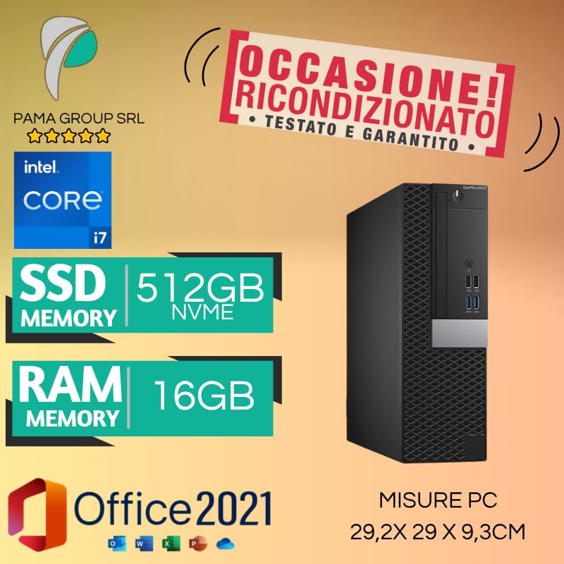 Pc Computer Business, Desktop Dell sff, pronto all'uso, Core i7 6th, Ram 16gb DRR4, Disco SSD 512 Nvme, Windows 11 e Office 2021, Wi fi, Garanzia 12 mesi (Ricondizionato) (i7|Ram 16gb|ssd 512gb)