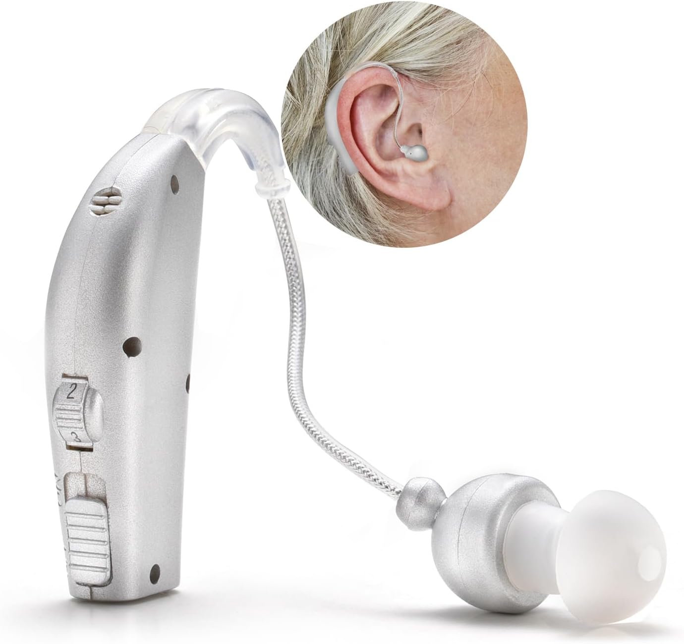 MSA 30X Behind the Ear Sound Amplifier, Amplifies Sound by 30 Times, Lightweight, Virtually Invisible, Comfortable, Adjustable Volume, Fast Charging, Silver, 1ct