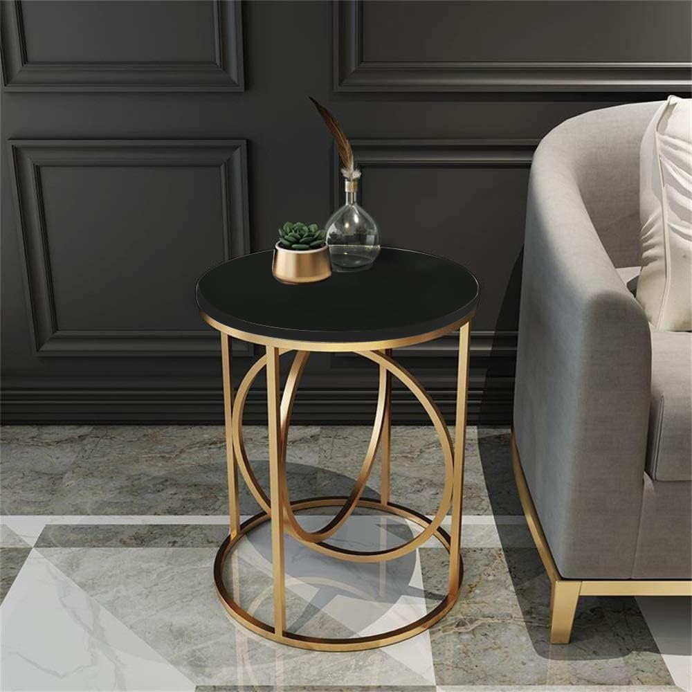 Crafty Store Round Modern Side Table, Coffee Table, End Table | Faux Marble Pattern Wooden Top | Metal Frame | Ring Table (Golden Black)