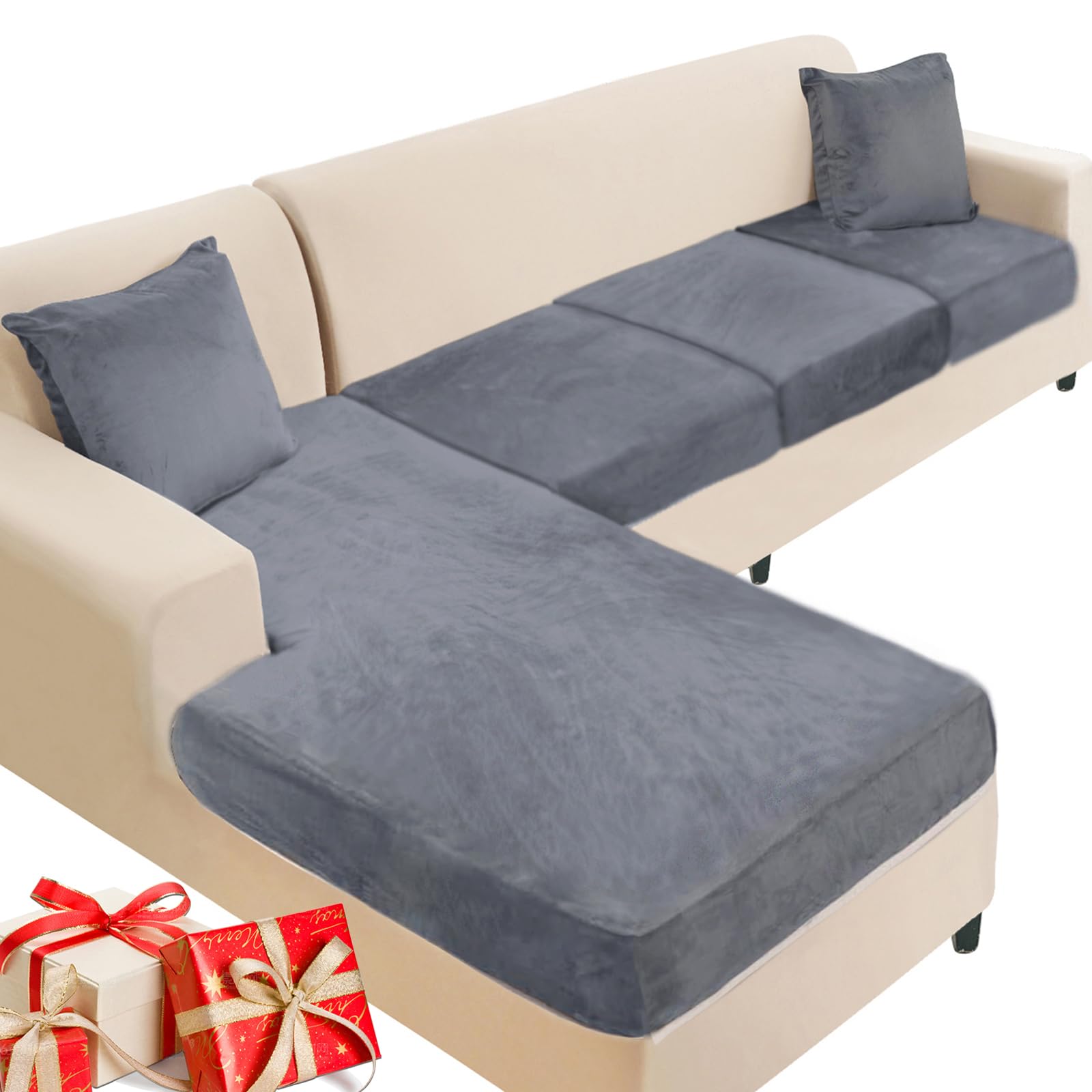 NAISI Sectional Couch Cover 4 Pieces Velvet Separate Couch Cushion Covers L Shape Soft Stretch Sofa Slipcovers with 2pcs Pillowcases for Left/Right Chaise Sectional Couch(3 Seater+1 Chaise,Dark Grey)