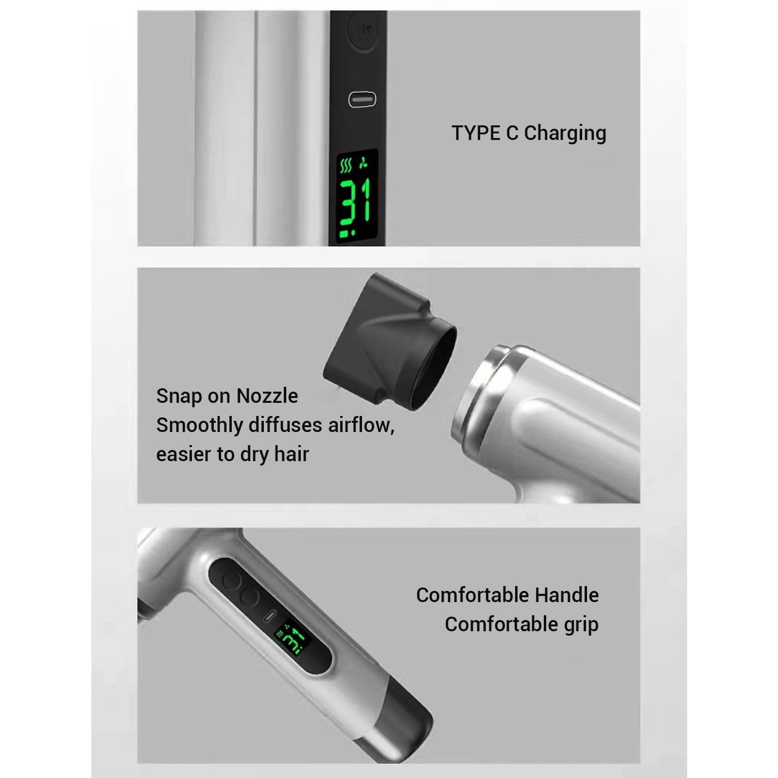 Jectse 200 W -Haartrockner, 15600 MAh Wiederaufladbarer Haartrockner, Leichter Föhn, Tragbarer Reise-, Kleiner für Camping, Grau