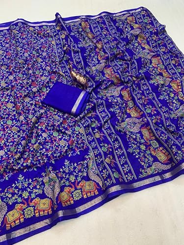 Image of Kalamkari Floral Prints Dola Silk Saree With Rich Zari Border Designer Pallu Attach Blouse Piece