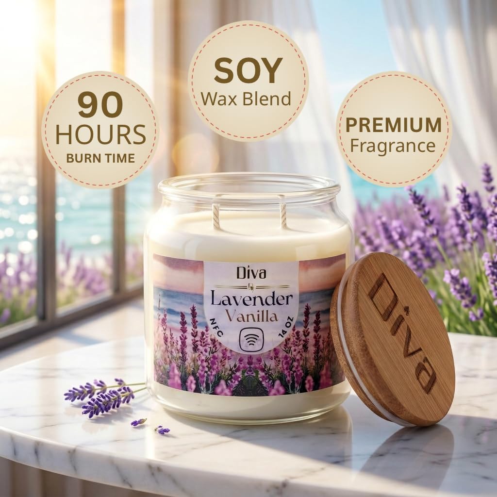 DV DIVA Lavender Vanilla Scented Soy Wax Candle Gift 14oz Anniversary, Valentine & Birthday Gift Luxury Large Candle with Hidden NFC Love Message Soft Fragrance for Home Decor & Relaxing Ambiance