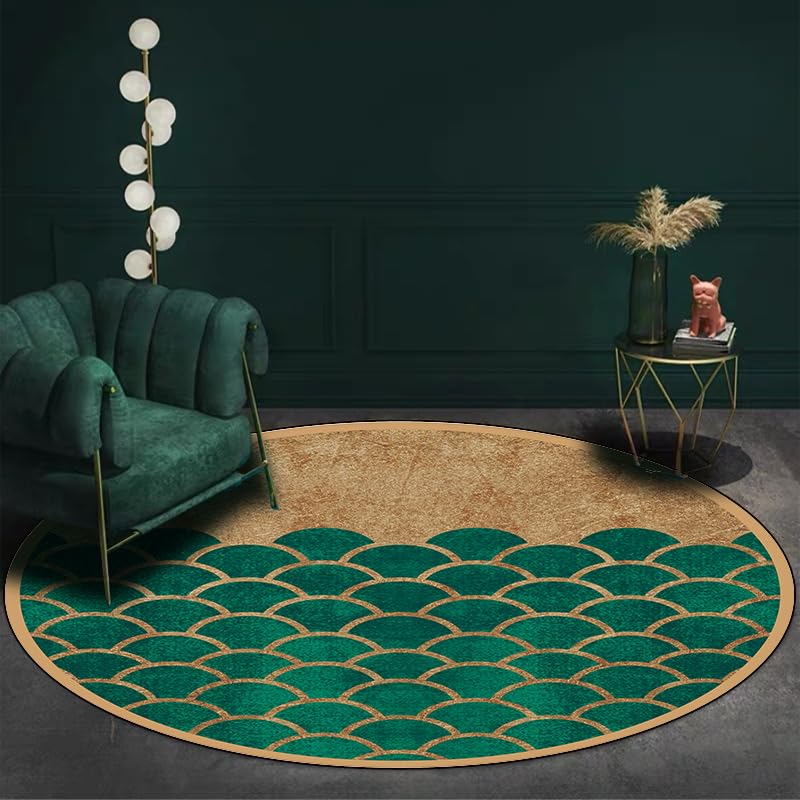 Tapis rond pour salon 140 cm émeraude et jaune à motif géométrique