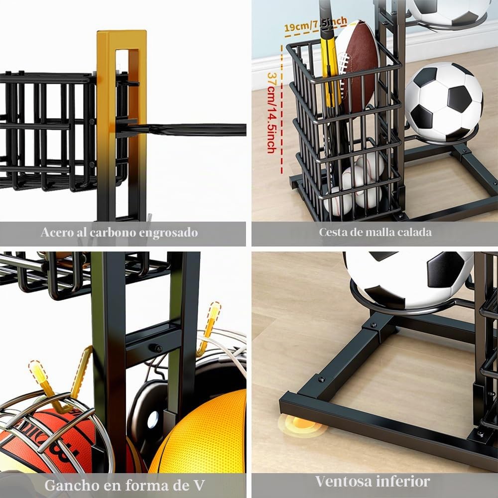 NUODWELL Estante de almacenamiento de pelotas, organizador deportivo con cesta y ganchos, estante de baloncesto de metal, para garaje y hogar