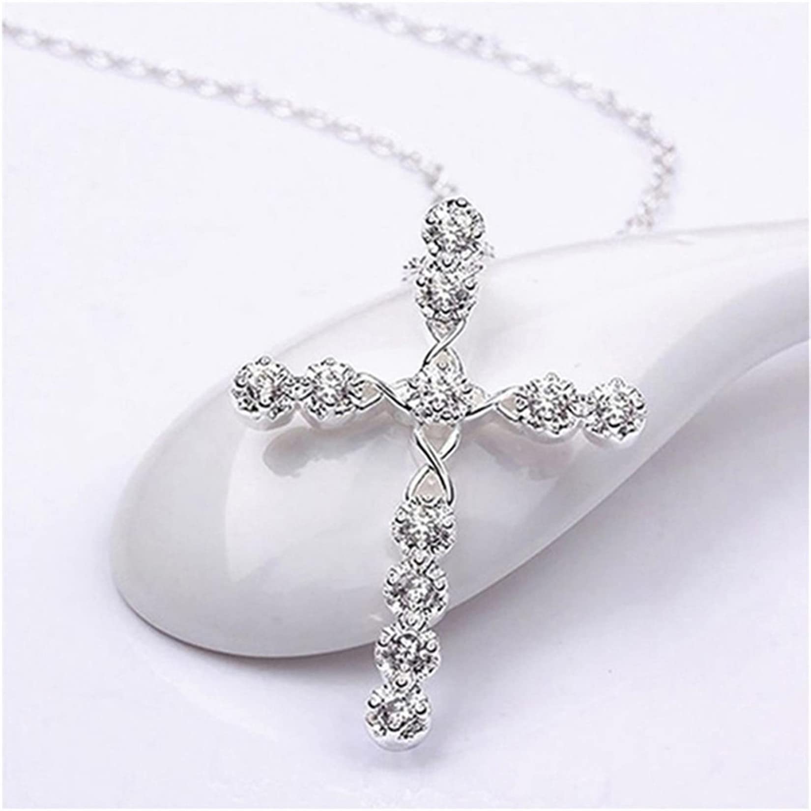 LIUBAIWhite Gold Plated 925 Sterling Silver Created Colorstone Birthstone Crucifix Cross Prong Pendant Necklace For Women Girls