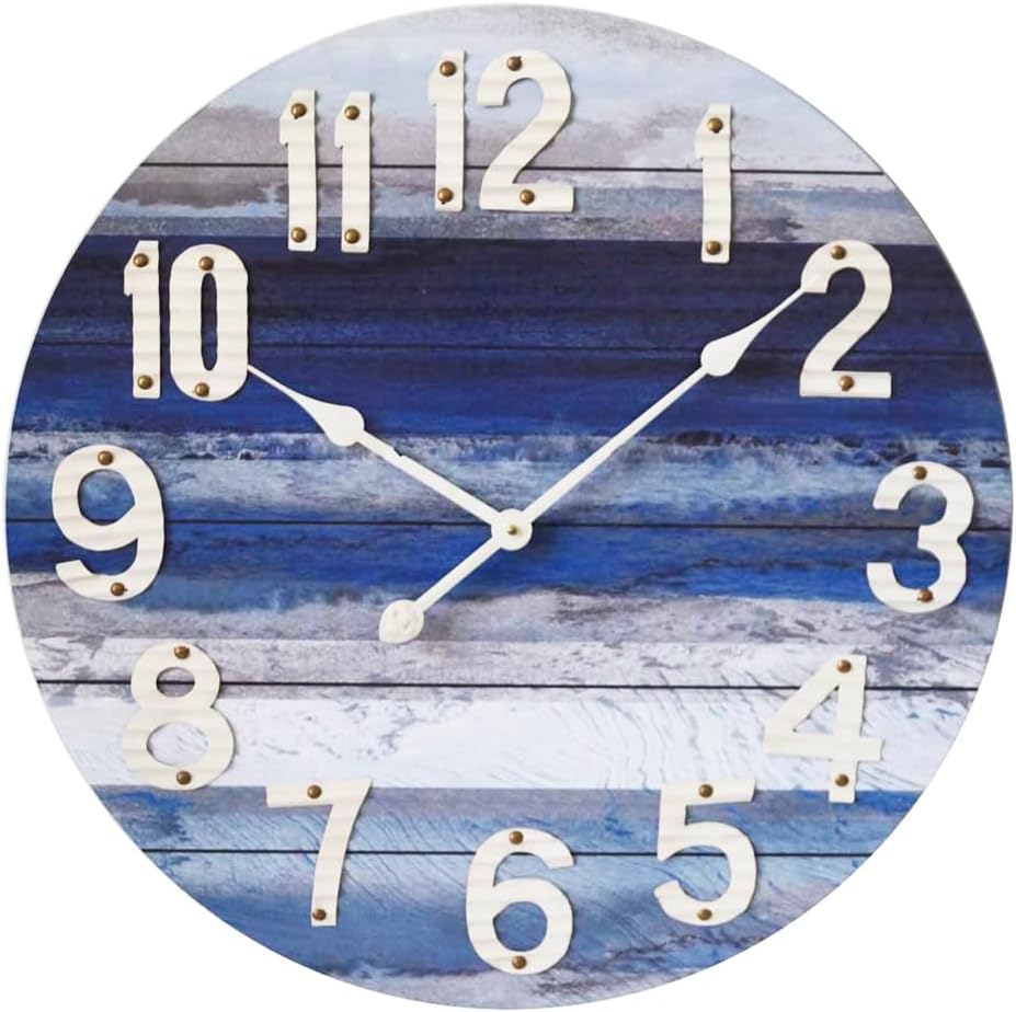 MODE HOME 24 Inch Large Beach Blue Wall Clock, Silent Non-Ticking Battery Operated Wall Clock, Rustic Vintage Beach Coastal Wall Decor, Farmhouse Wall Clocks for Living Room, Kitchen, Bedroom