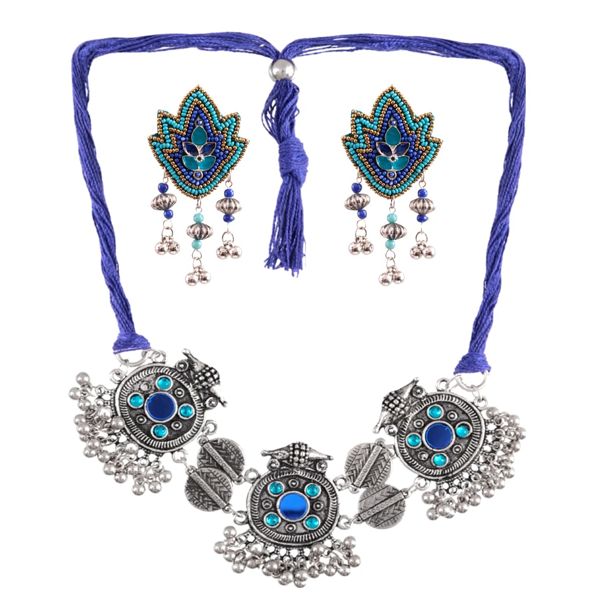 Vientiq Oxidised Silver Boho Blue Beaded Ethnic Necklace & Earrings (Jewellery Set) (B0CL9NKT1Y) Amazon Price History, Amazon Price Tracker