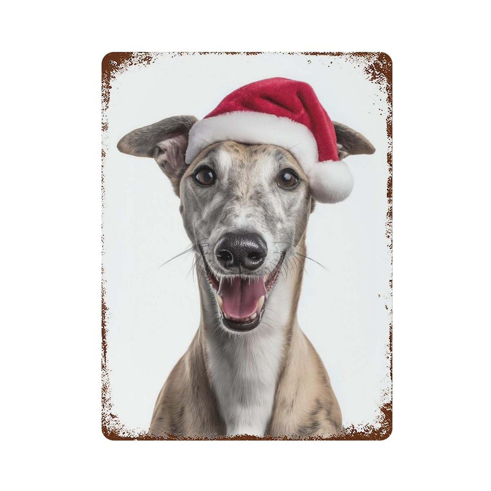 Retro Metal Sign with Greyhound Dog with Santa Hat Design 15.7"x11.8", for Living Room, Hallway And Home Decor, Farmhouse Wall Decor