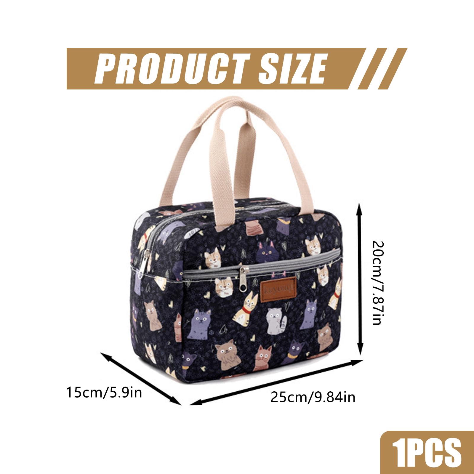 PLUSHCEWT Insulated Lunch Bag for Men Women Canvas Lunch Box Waterproof Reusable Cooler Bag Retro Cat Print Thermal Lunch Bags with Soft Handle for Adults Children School Work Outdoor Picnic 7.5L (A) - Image 2