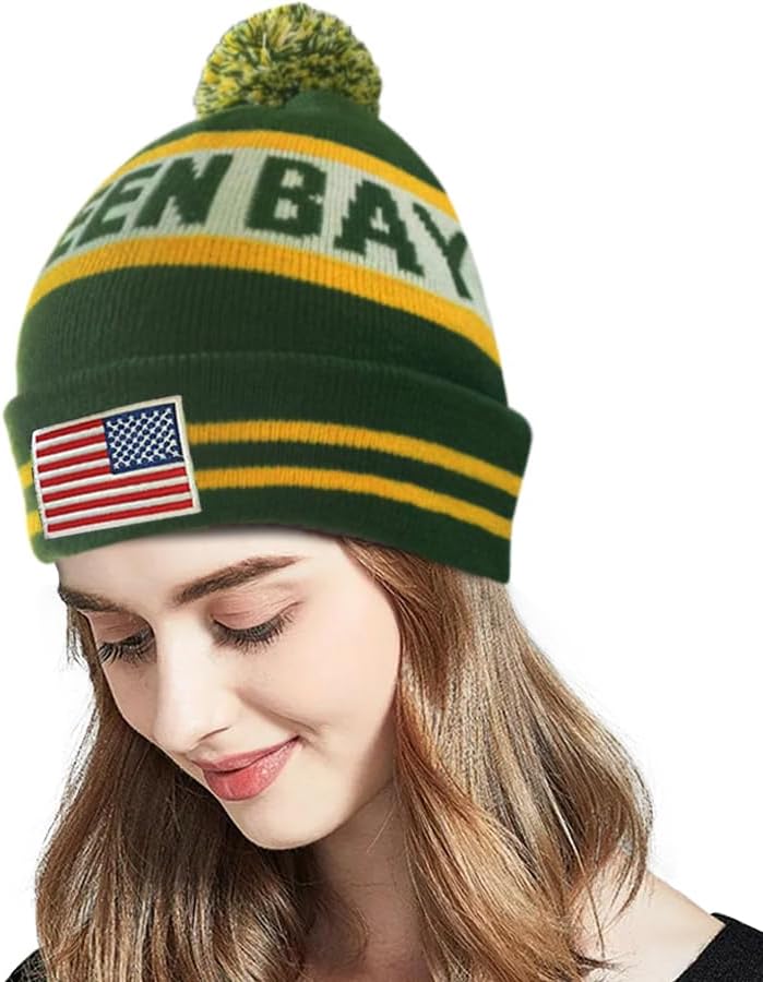 US Flag City Football Embroidery Classic Pom Cuff Green Bay Beanie Hat Cuffed Winter Soft Beanie Knit Pom Hat Cap - Image 4