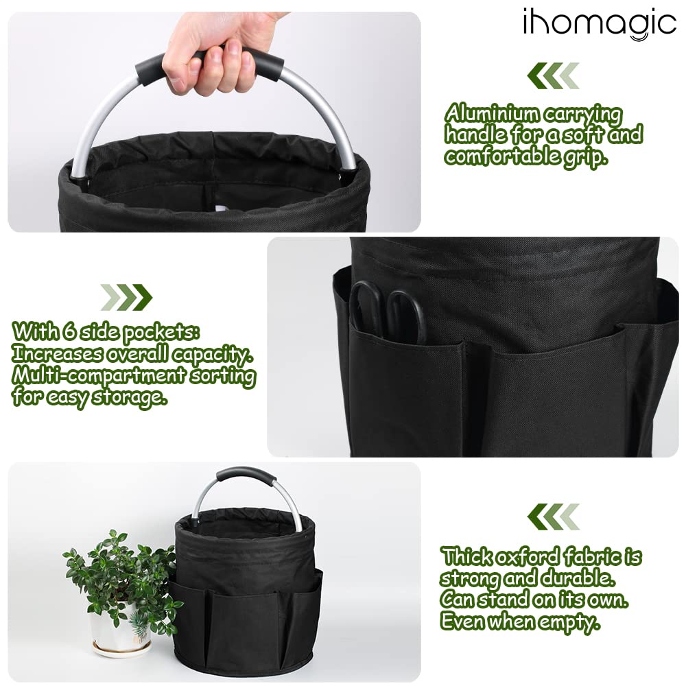 IHOMAGIC 17L Borsa Portaoggetti Pieghevole con 6 Tasche, Secchiello per Attrezzi, Borsa da Giardino in Tessuto Oxford per Il Gel Doccia, Le Ciabatte, Il detergente per Il Viso (Nero)