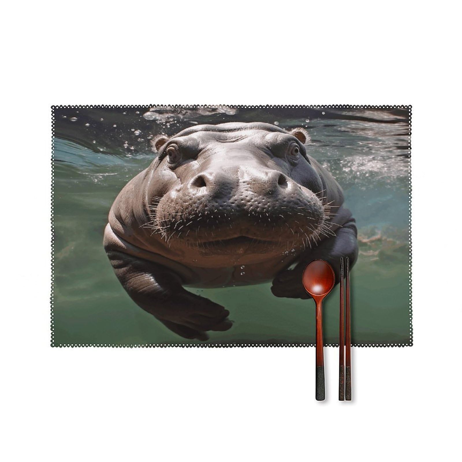 Diving Hippo Placemats Set of 4 Heat Resistant Non-Slip Place Mats Reusable Dining Table Mats Canvas Place Mat Anti-Fading Waterproof Placemats for Dining Table Decor