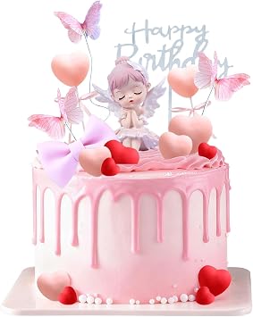 24 Piece Happy Birthday Princess Birthday Cake Decoration Kit with Butterflies Stars and Pink 3D Butterflies for Adult Party Cupcake Decorating - Pink