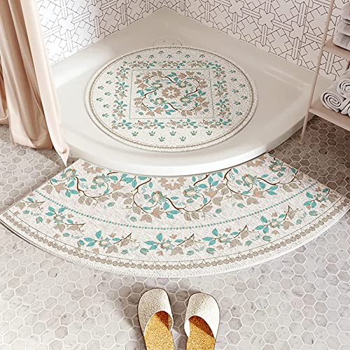 PRITIY Tapis de Douche Antidérapant Incurvé Tapis de Bain de Sécurité Confort Doux Massage en PVC Luffa avec Trous de Drainage 2 pièces D 50cm Round + Arc Floor Mat Cover