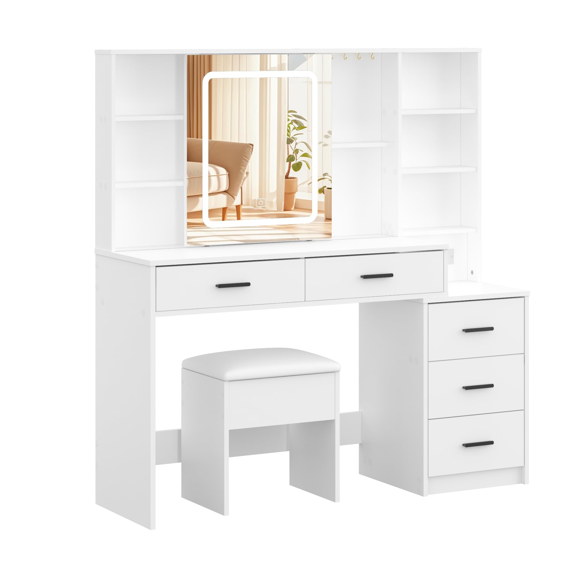 Panana Vanity Desk with Movable Mirror and Lights, Makeup Table Set with 5 Drawers, Makeup Desk with Charging Station & Storage Shelves, 3 Lighting Modes Adjustable Dressing Table with Stool (White) — image 1
