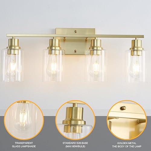 Miniatura 49 de Lámparas de pared modernas de 3 luces doradas para tocador de baño, luces de pared de latón cepillado con pantallas de vidrio transparente, Oro