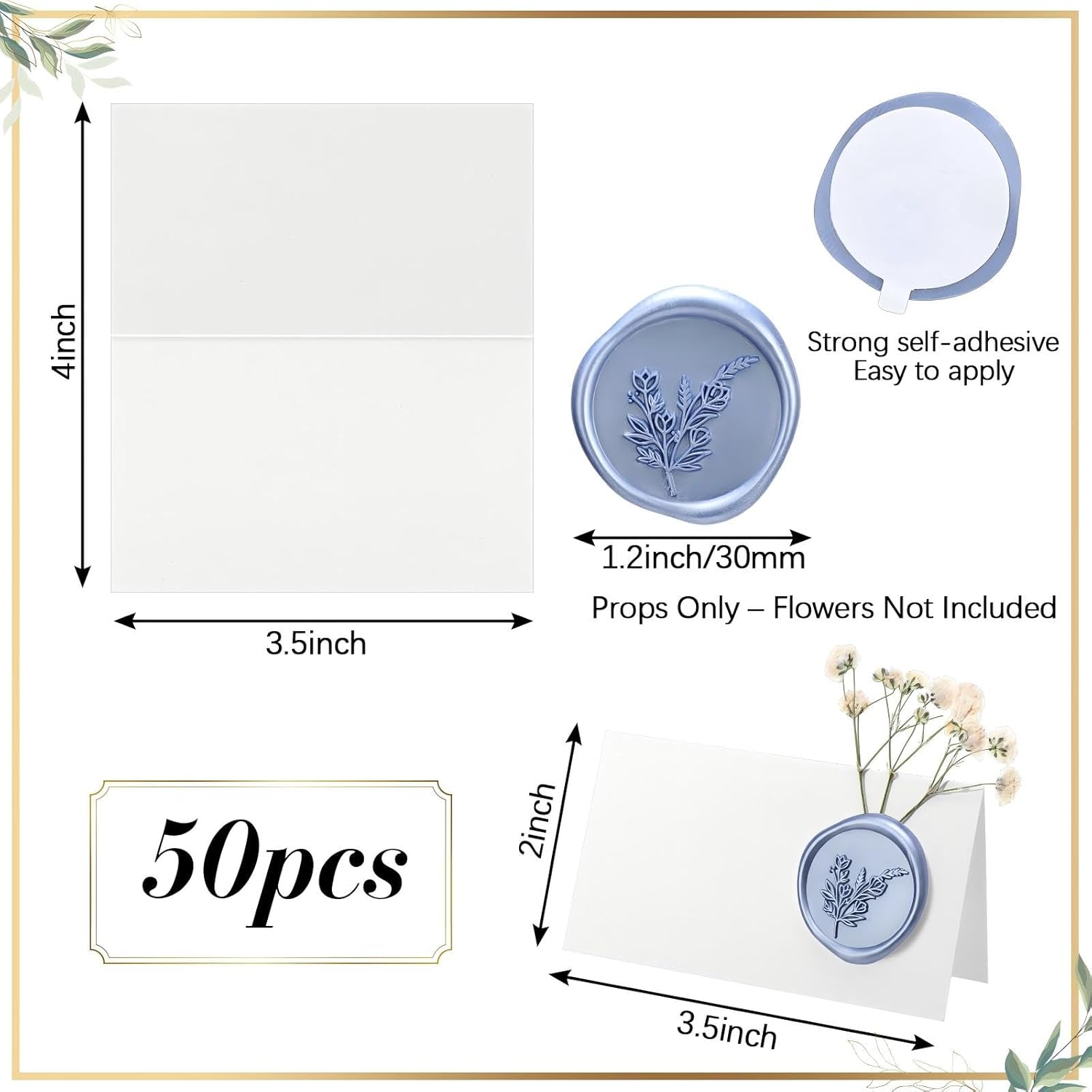 Marspark 100 Pack Wedding Place Cards with Wax Seal and Dried Flowers Table Setting Place Name Card for Wedding Name Card Holiday Birthday Dinner Parties Decorations (Dusty Blue White)
