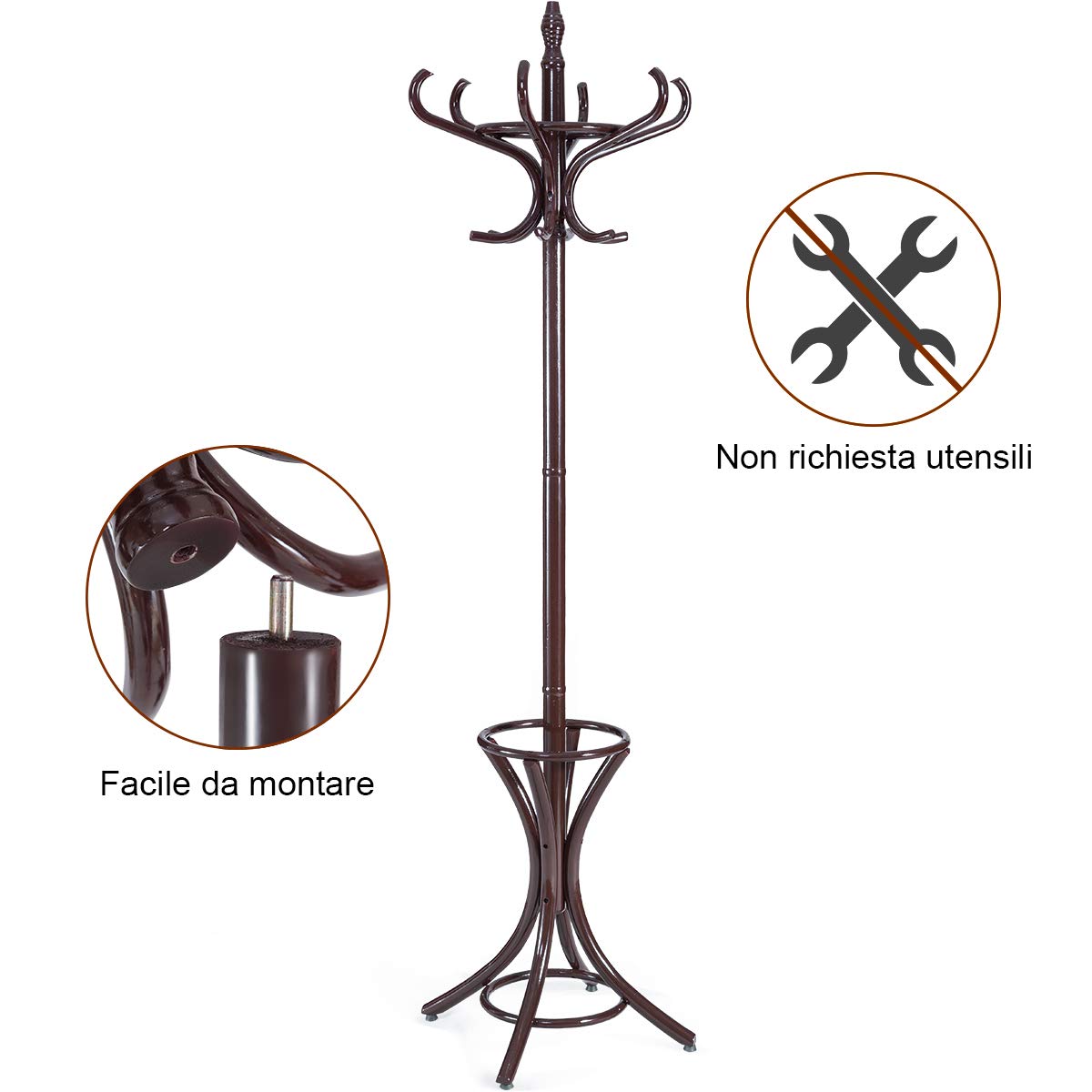 Attaccapanni Da Terra In Legno Con 12 Ganci - Portaombrelli Marrone Rosso 184 Cm - Foto 10