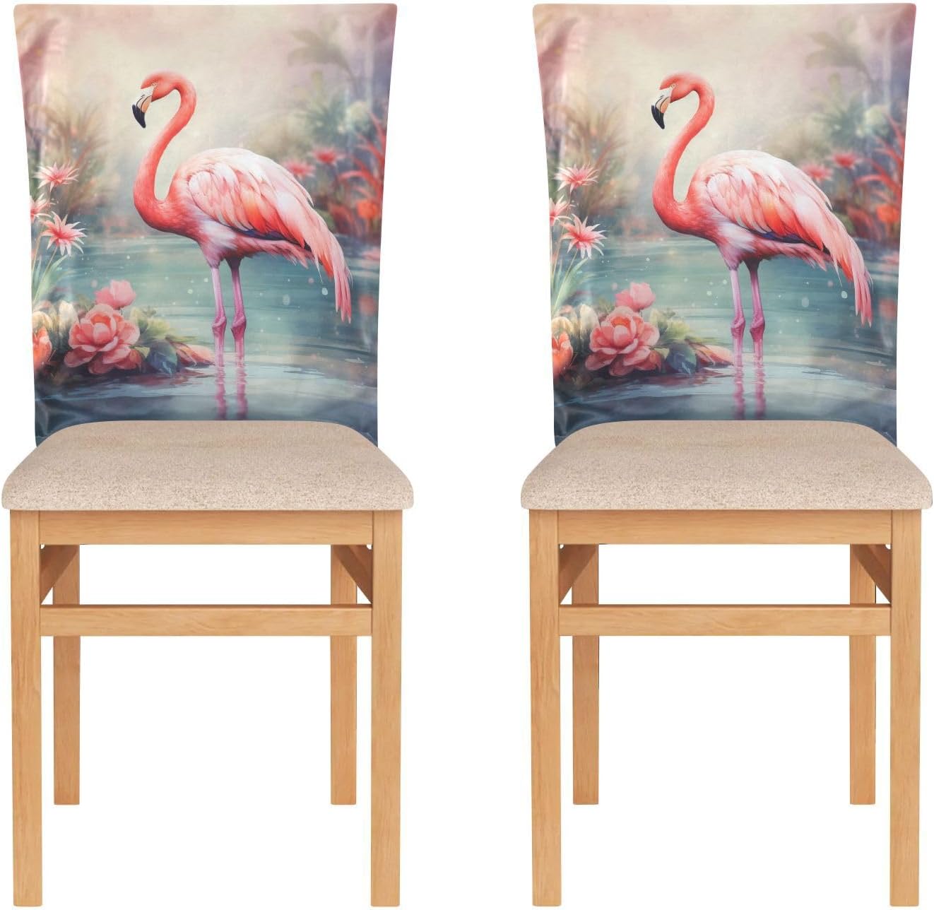 ALAZA Flamingo Flowers in The Lake Chair Back Cover Set of 6, Washable Reusable Removable Chair Slipcovers Decorative Chair Cover for Home Kitchen Wedding Party