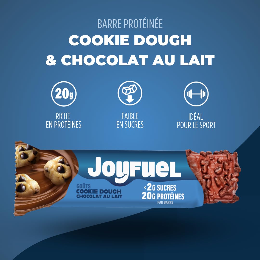 JOYFUEL Barre Protéinée - Goûts Chocolat au Lait & Cookie Dough - <2g de sucre - 20g de protéines - Boîte de 12 barres X 55g