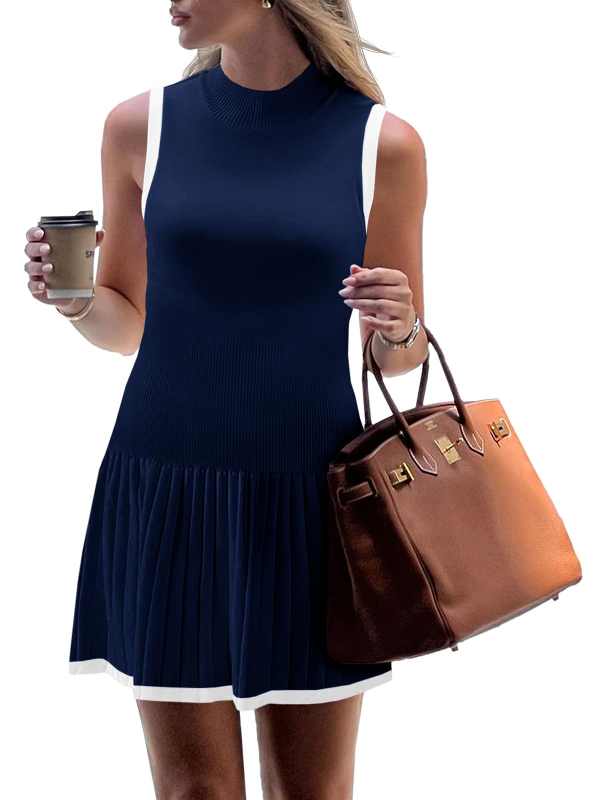 Wenrine Womens Pleated Mini Dress Sleeveless Summer Tank Dresses | mock neck, drop waist, flowy, ribbed knit, casual short dress