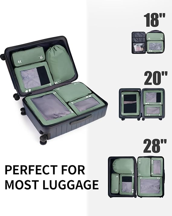 ECOHUB 7 Set Packing Cubes for Suitcases Tear-Resistant Travel Cubes with Laundry Bag & Shoe Bag Luggage Organizer Bags with ID Tag Packing Bags Travel Essentials for Women(Green)