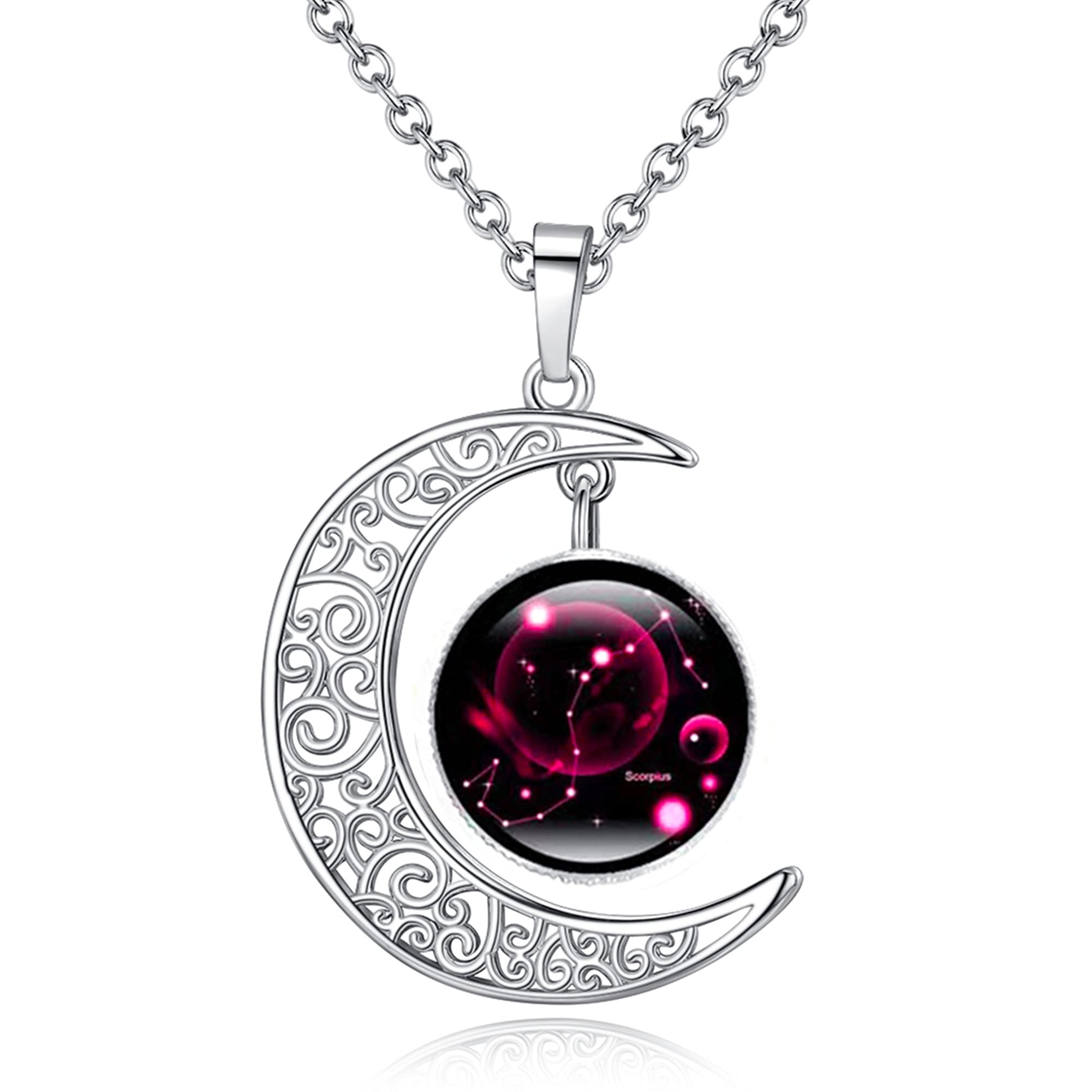 XIANNVXI2021 Fashion Jewelry 12 Constellation Crescent Moon Pendant Necklace Galaxy Zodiac Astrology Horoscope Glass Charm Necklaces for Women Men-Scorpio, Glass, not known