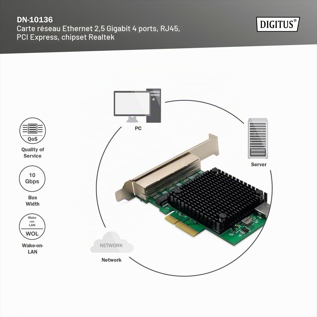 DIGITUS Carte réseau serveur 2.5 Gigabit Ethernet - 4 ports RJ45 - NIC - RTL8125B - 10/100/1000/2500 Mbps