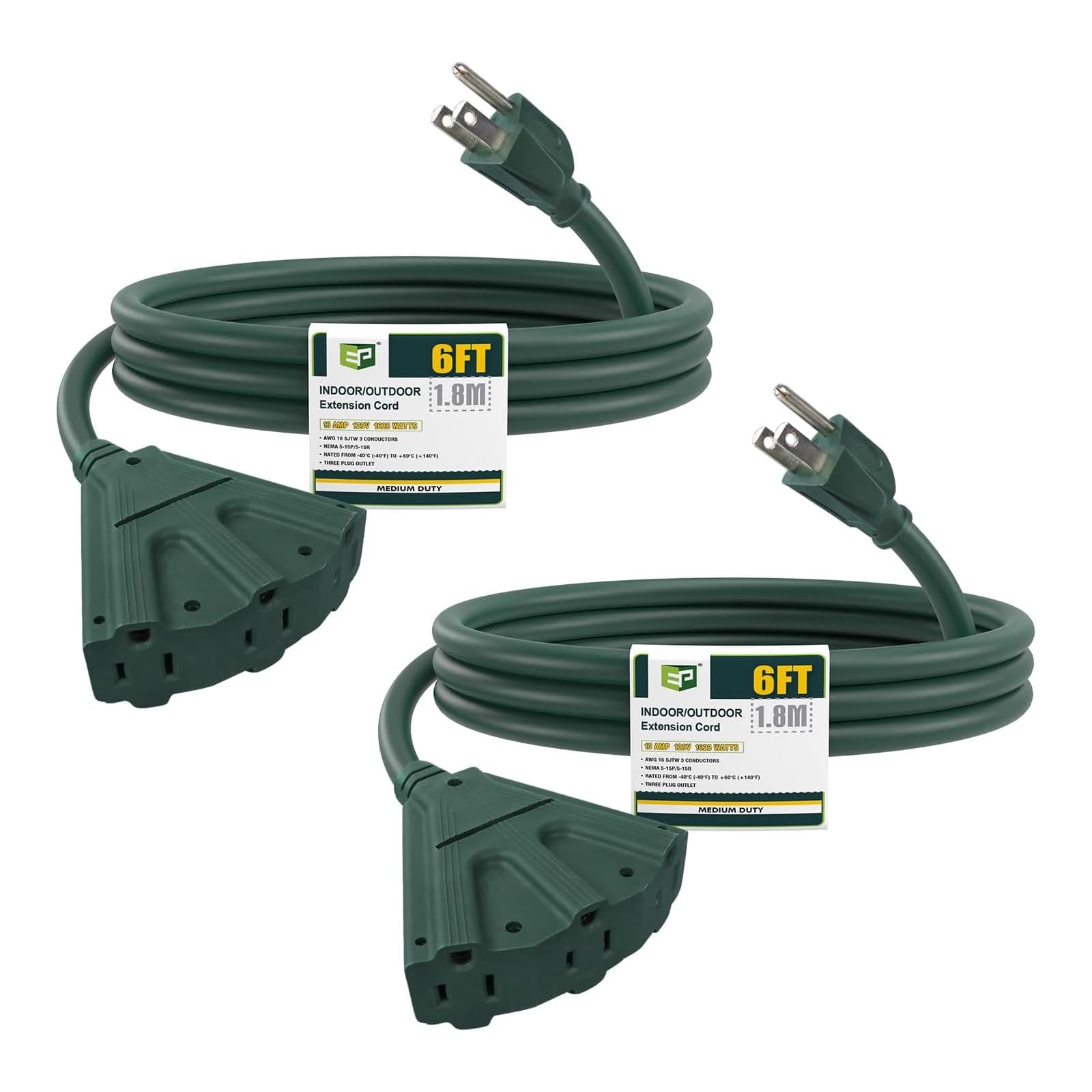 EP - Paquete de 2 cables de extensión para exteriores de 6 pies con 3 tomas de corriente eléctrica, cable verde SJTW de 16/3 con enchufe de tierra de 3 puntas para mayor seguridad, ideal para luces de