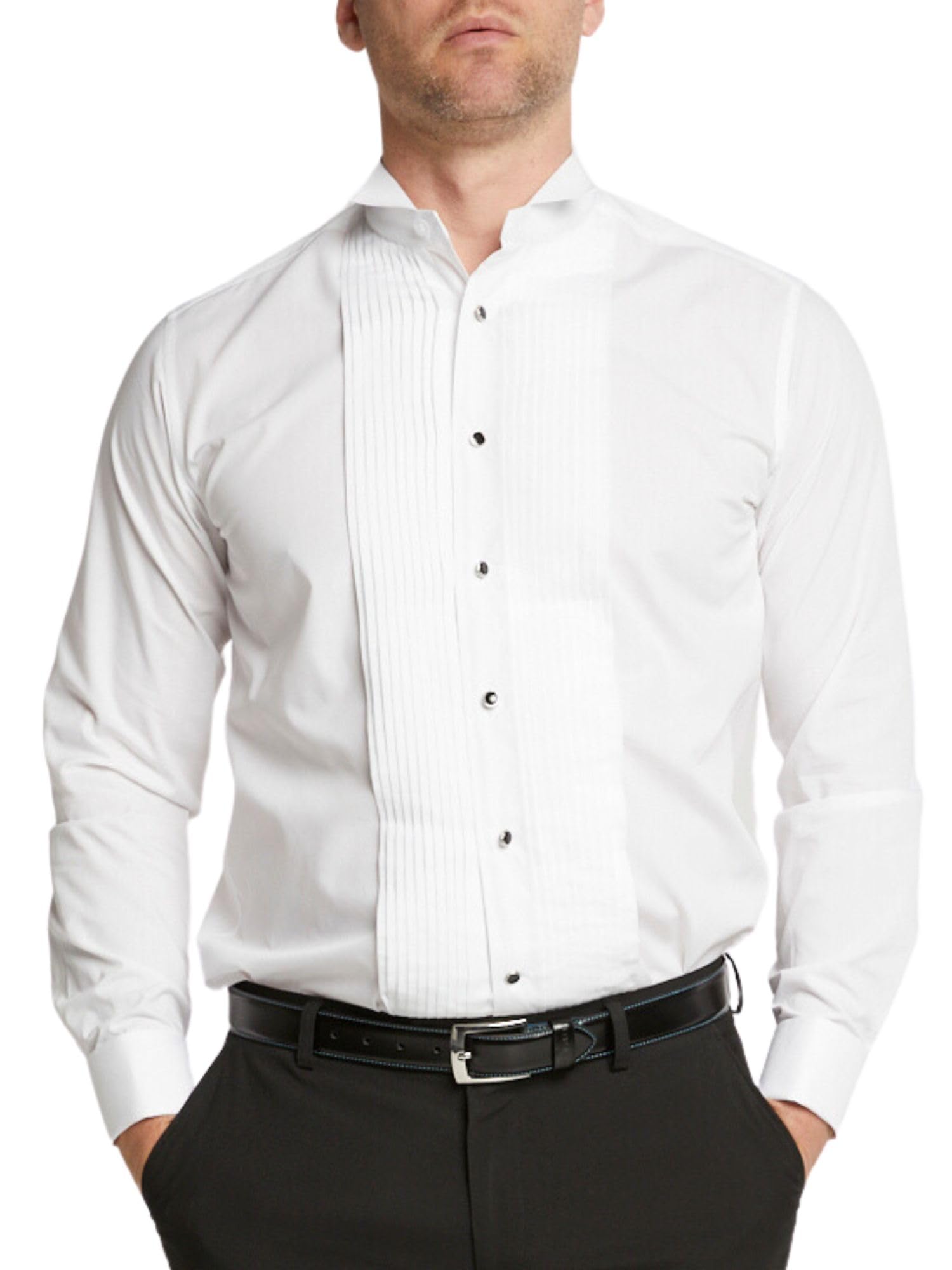 DoubleTwo - Men’s White Wing Collar Tuxedo Shirt - Formal Dress Shirt with Double Cuff - Stitched Pleat Front - Cotton Blend Dinner Shirt for Weddings & Black Tie (White, 23 inch)