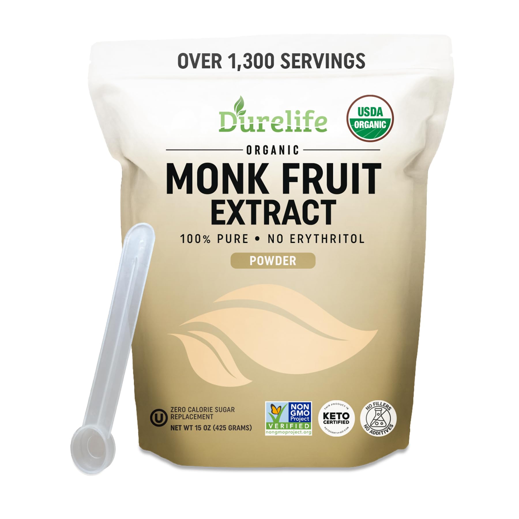 Durelife Organic 100% Pure Monk Fruit sweetener, No Erythritol, Monkfruit Extract Powder, USDA organic, NON-GMO Project Verified, Keto Certified, OU kosher, No Fillers Zero Calorie Sugar Substitute 15 OZ