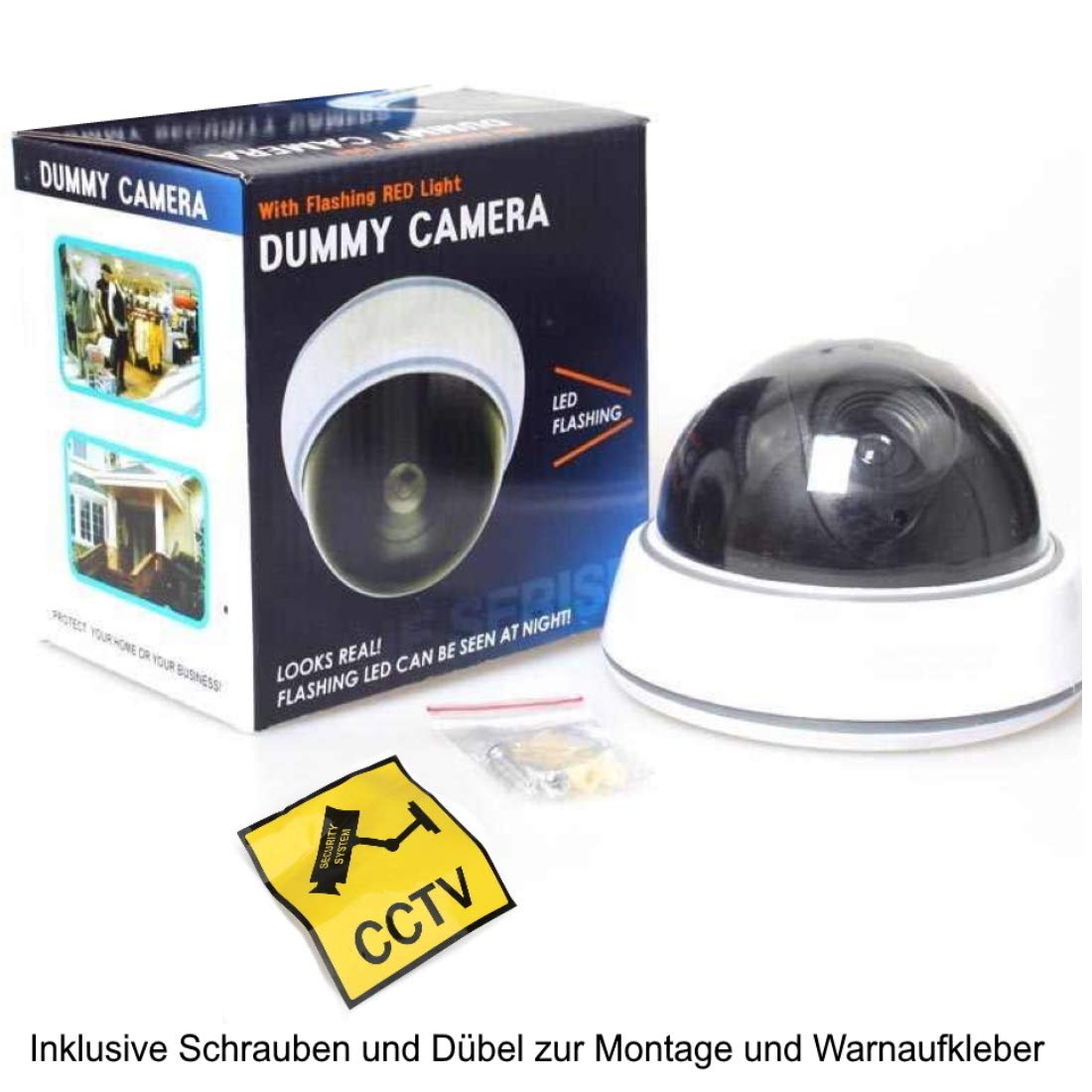 Dummy - Set di 4 telecamere finte a cupola professionali con obiettivo e luce lampeggiante