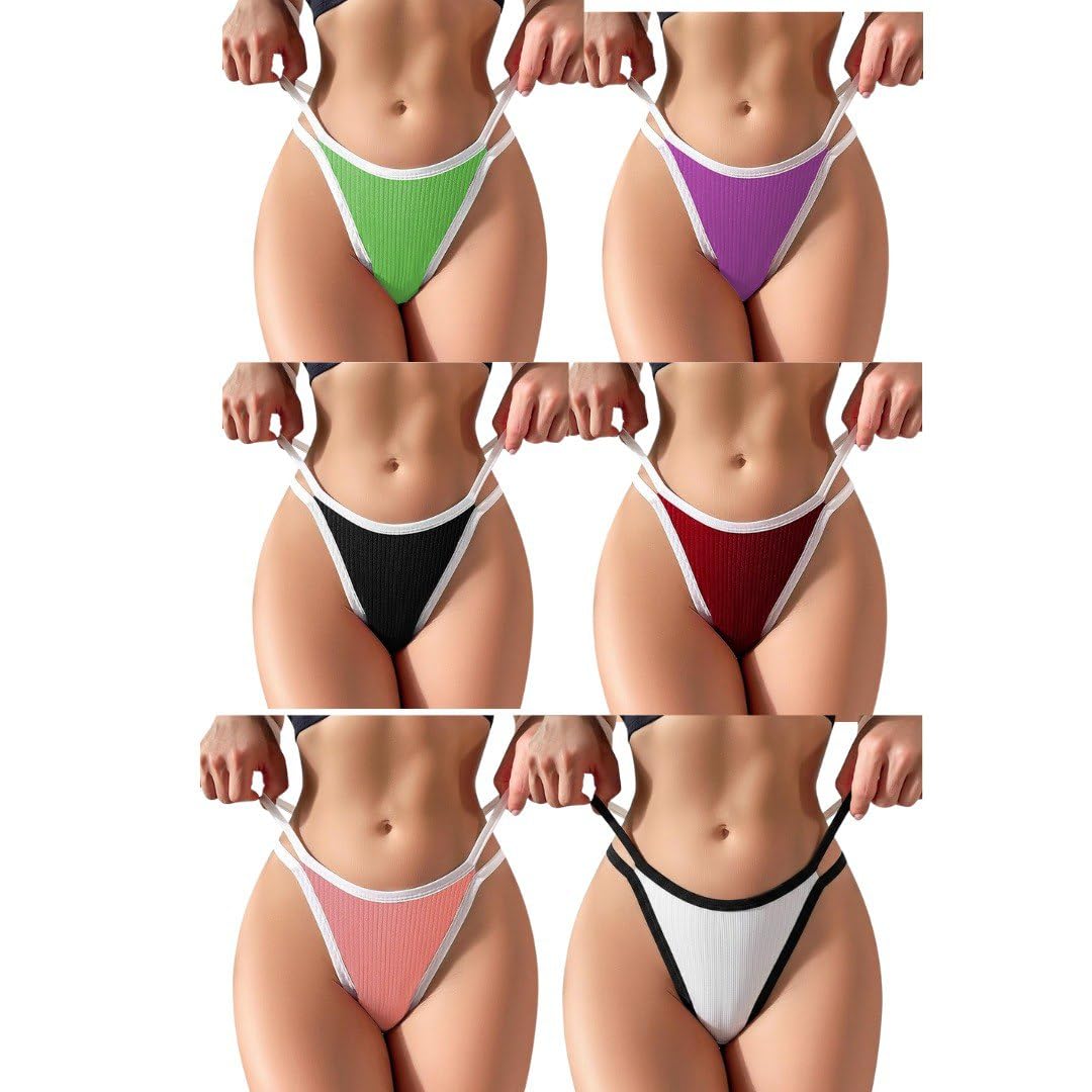 Women's Ribbed Thong Panties, Contrast Trim, Multi-Color Pack of 6, Stretchy Low Rise | Free Size-picture-10
