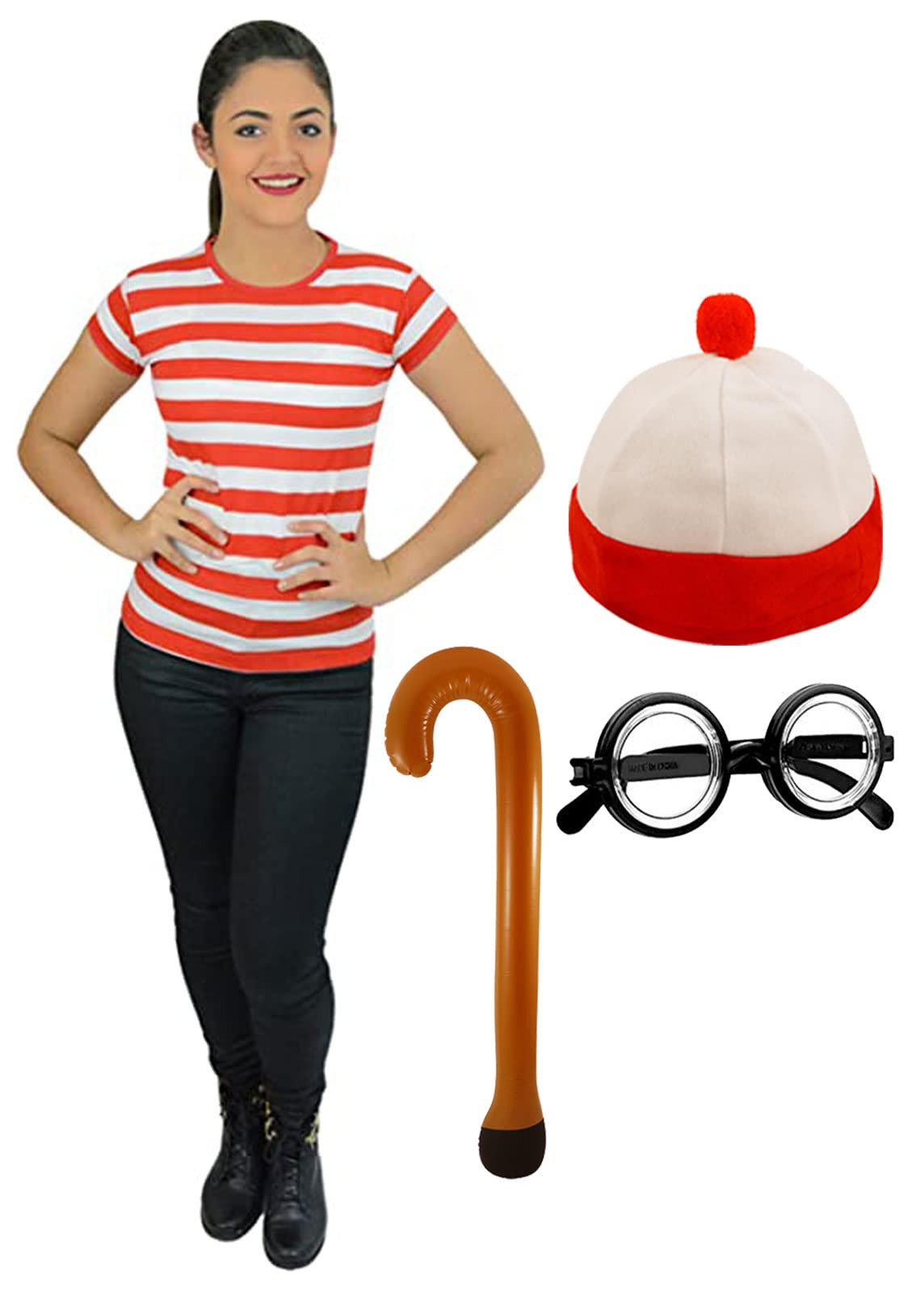 Ladies RED & White Striped T-Shirt Hat Glasses Walking Stick 4 Pcs World Book Day Fancy Dress (Medium)