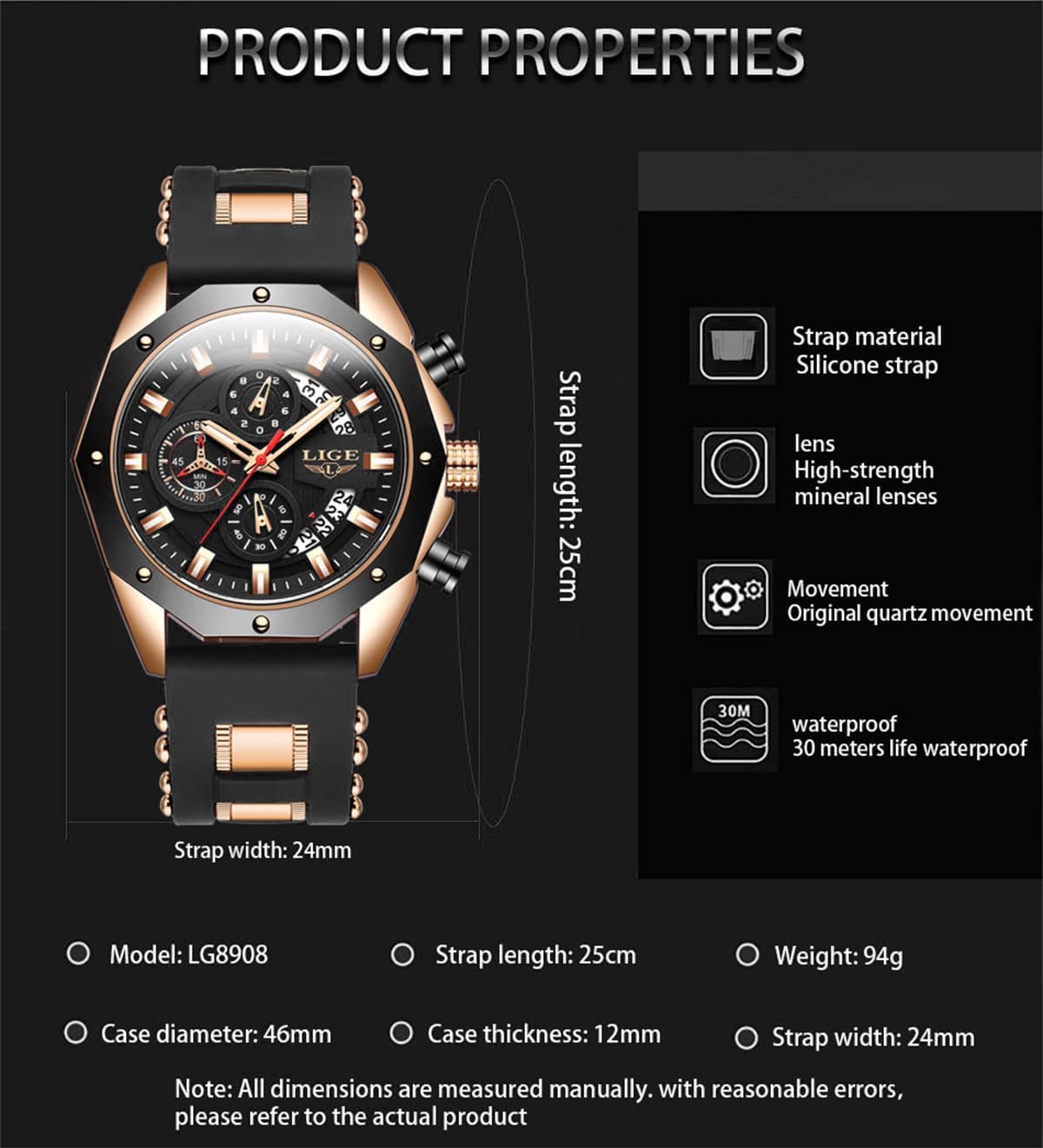 LIGE8908 Watch Product Properties and Dimensions