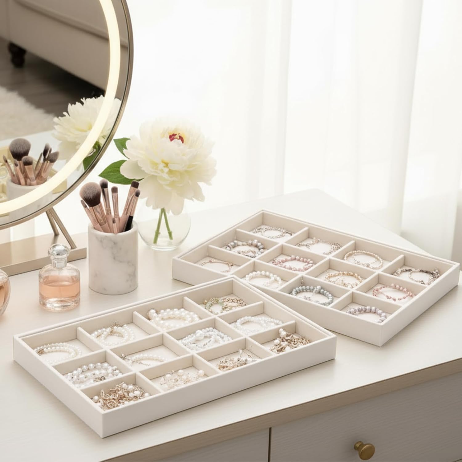 Cinnvoice 4 Pcs Stackable Jewelry Organizer Tray, 12 Grids Velvet Bracelet Ring Necklace Tray, Jewelry Organizer Trays for Drawer Display Selling Bangle Necklace Earring Showcase Storage(Beige)