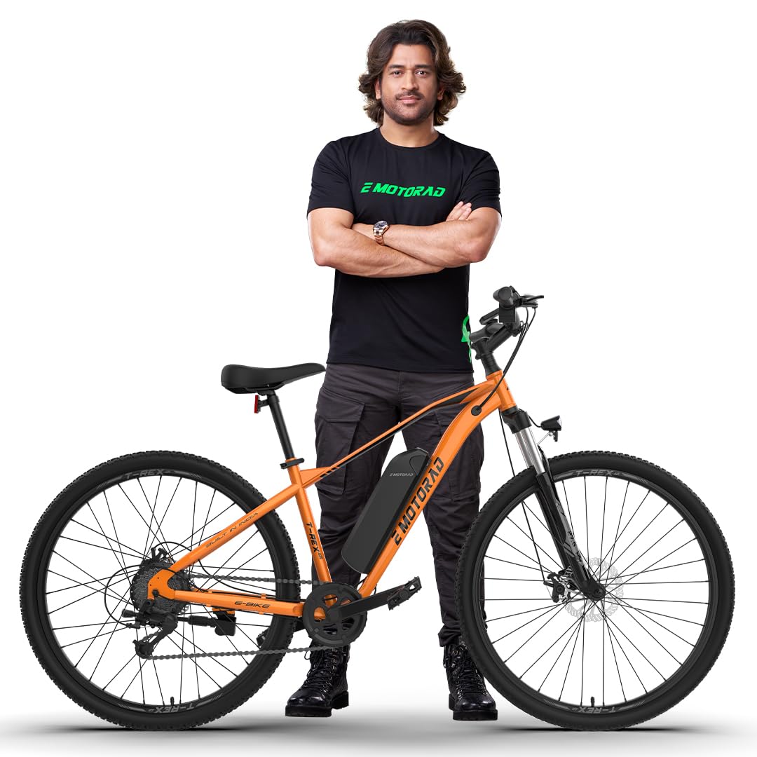 E MOTORAD - RIDE THE ELECTRIC REVOLUTION T-REX AIR Unisex Electric Bicycle 29" Wheel Size 16.5" Frame 250W BLDC Motor Front Suspension 7 Speed Shimano Gears (Sundown Yellow, 29" Wheel, 16.5inch)
