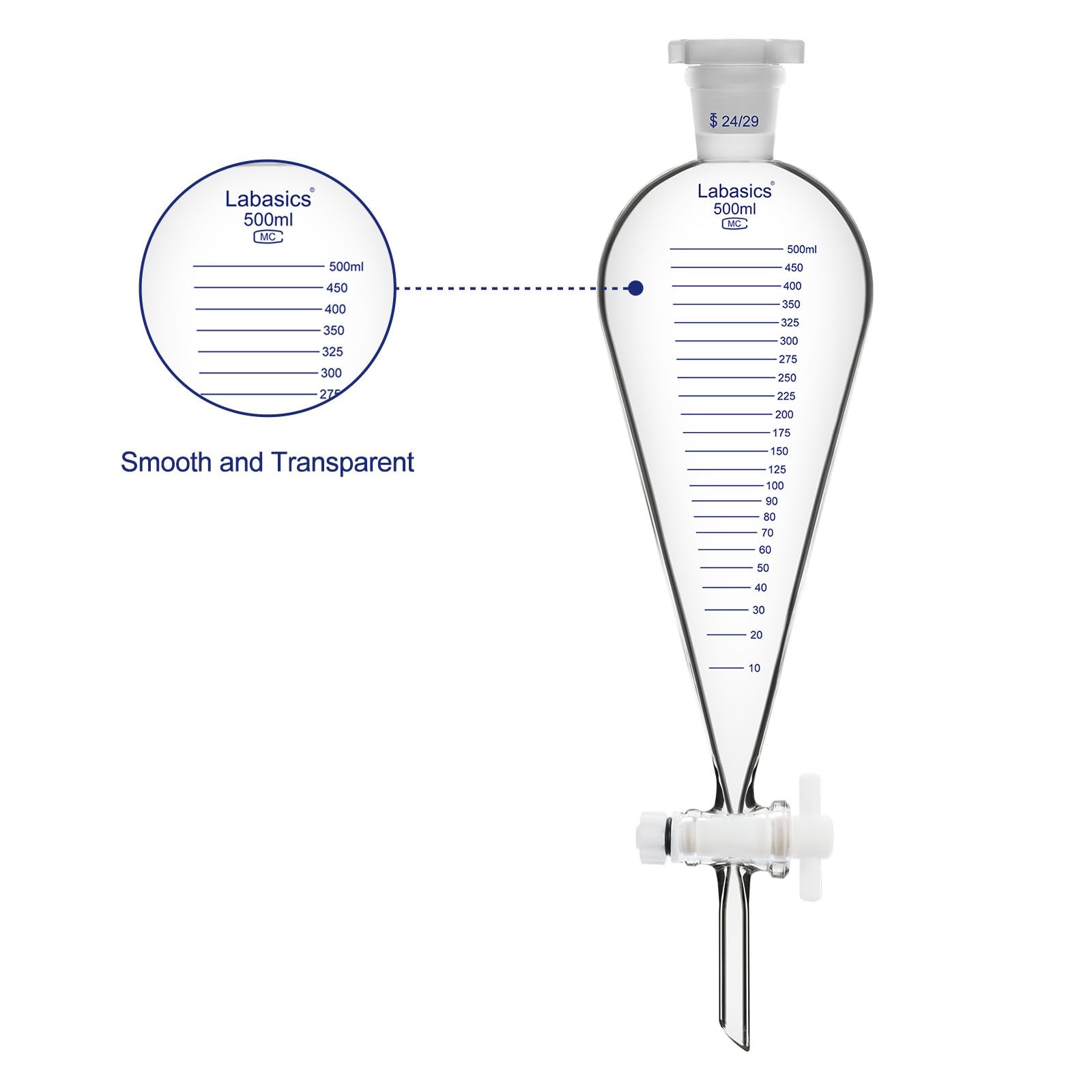 Labasics Embudo de Decantación Graduado, 500 ml de Vidrio de Borosilicato de Pared Gruesa con Junta 24/29 y Llave de PTFE