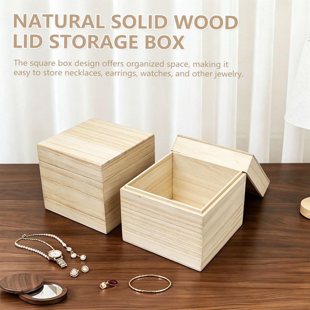 4 Pezzi Piccole Scatole in Legno Quadrate Scatola di Legno Portaoggetti Grezzo con Coperchio Cassette Legno Decorative Non Finita per DIY Artigianato e Contenitori,12x12x11.2cm