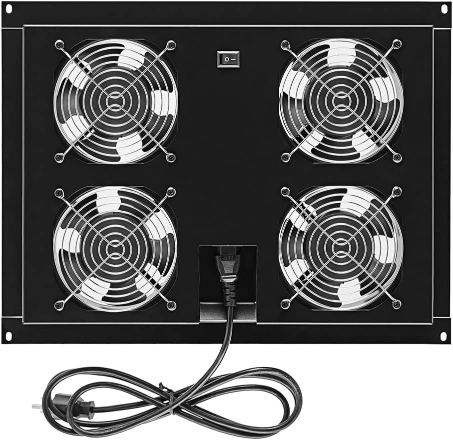NavePoint 42U Cabinet Top Mount Fan Panel, Panel Includes, 4 Fans, Server Cooling System, 110 50/60Hz, 17.2 x 13 x 2 Inches, 6ft Input Cord Length, Noise Level 43db-A to 47db-A Max Steel with Powder