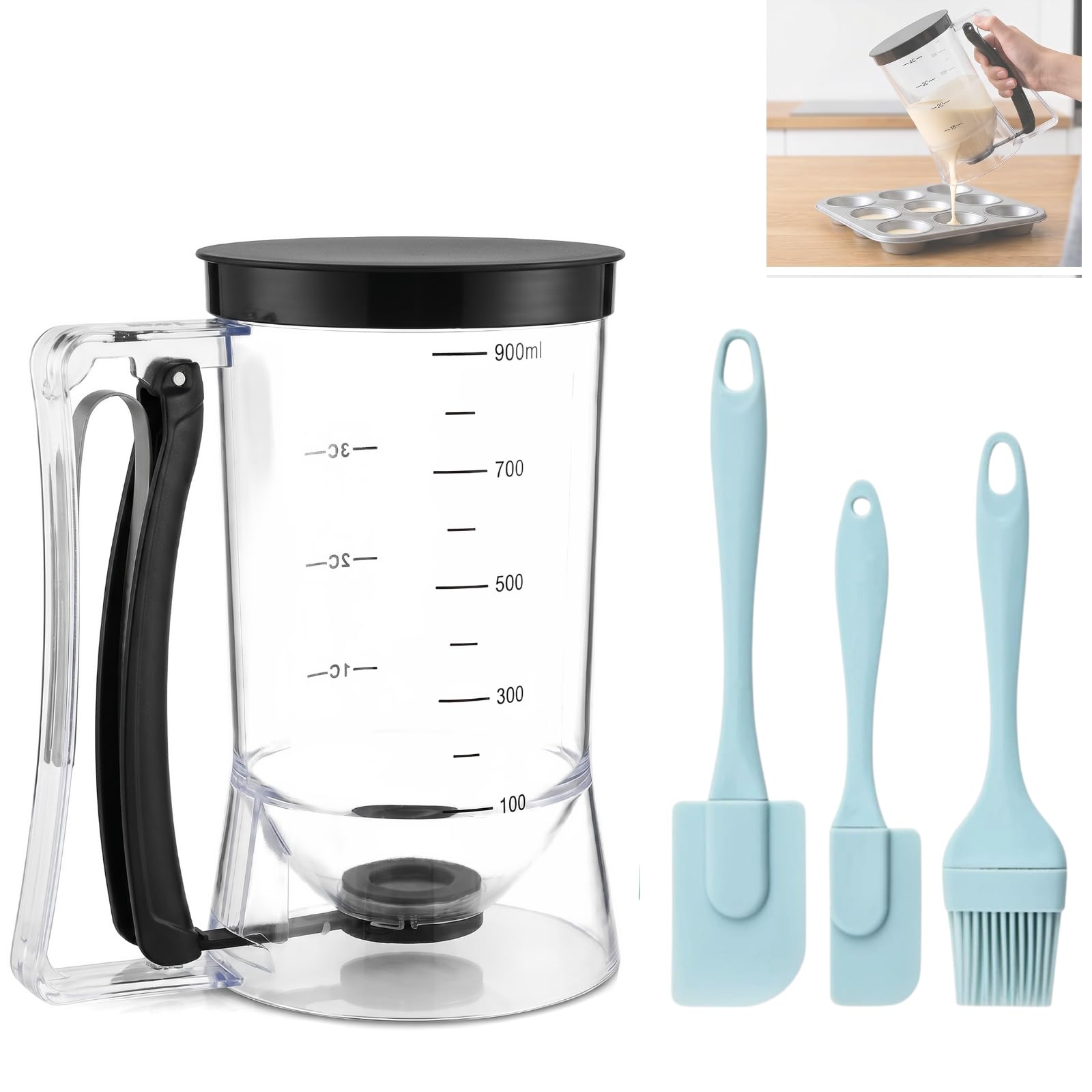Pancake Dispenser Batter Dispenser for Baking with Oil Brush & 2 Pcs Scraper, Funnel Measuring Cup Kitchen Baking Tool for Pancakes Cupcake Waffle Muffin Mix (Black)