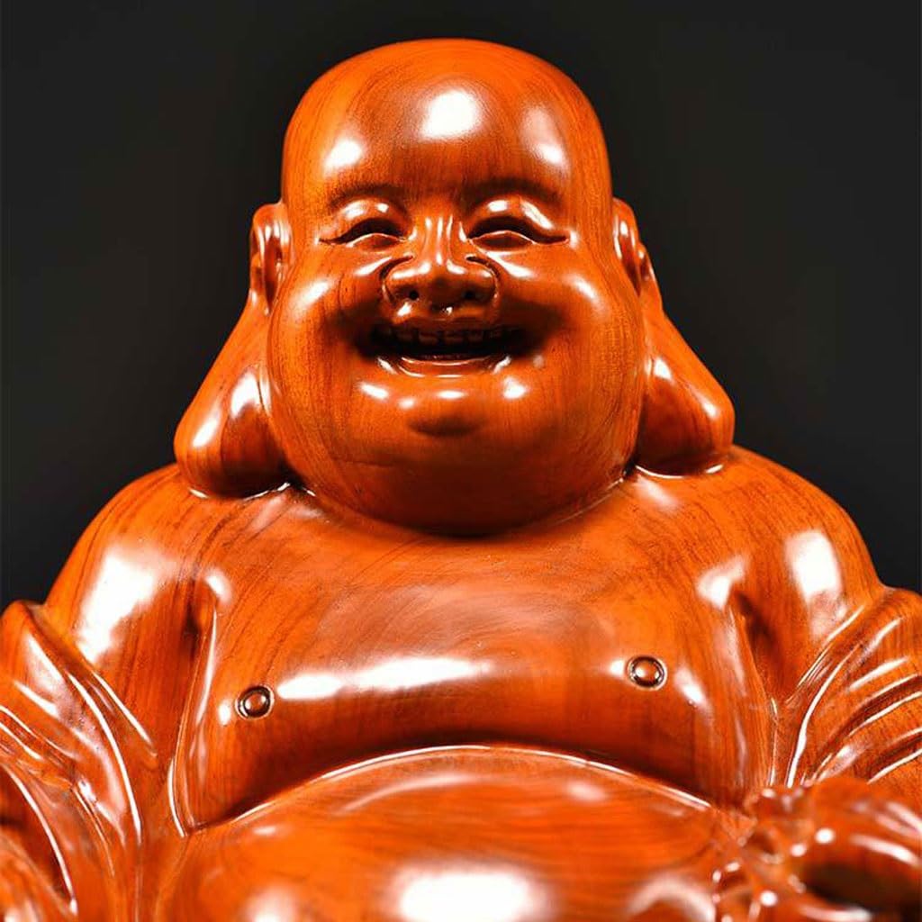 Dekoracja pulpitu Drewniana statuetka Buddy Ozdoby Siedzący Lotos Uśmiechnięty Budda Rzeźby z litego drewna Dom Salon Mahoń Rzemiosło Rzeźby Wystrój Domu(19,68 cala)