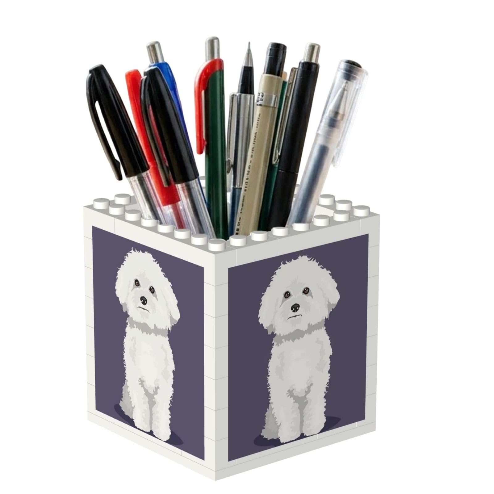 Poadnly White Bichon Frise Dog, Pen Pot Pencil Holder for Office Home School, Compact Desk Organiser for Office Stationery