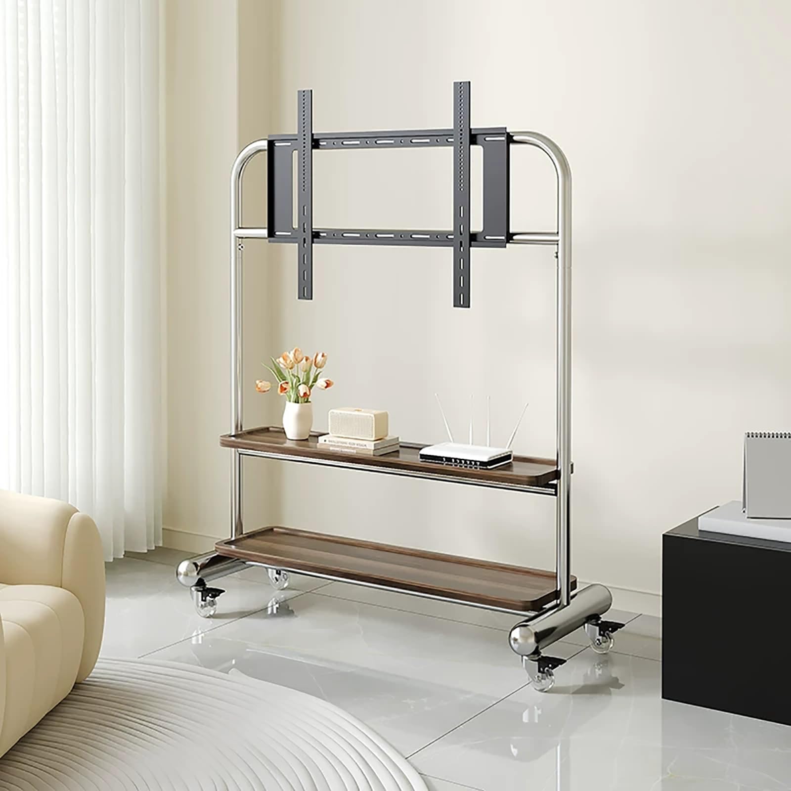 Supporto TV Mobile, Carrello TV Autoportante con Ruote | Doppio Ripiano con Bordi Rialzati, Ruote Bloccabili per TV a Schermo Piatto(Black)