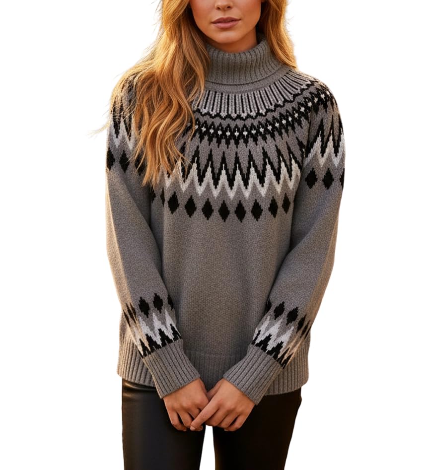 Womens Chunky Fair Isle Turtleneck Sweater Nordic Pattern Cozy Long Sleeve Knit Pullover Warm Winter Jumper Top