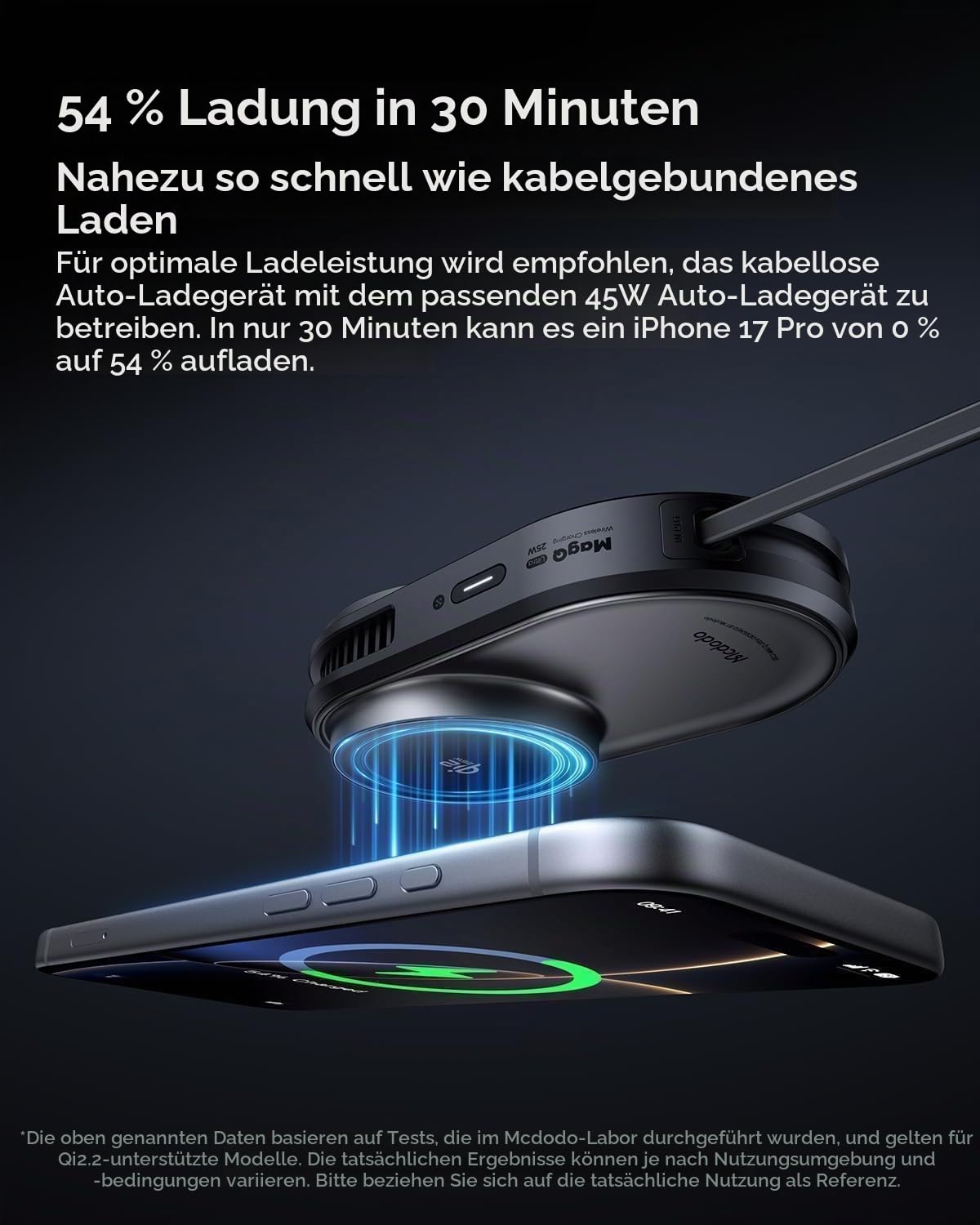 Mcdodo Qi2.2 25W MagSafe Autohalterung Ladegerät mit 77cm Einziehbarem Kabel, TEC-Doppelkühlung, Starker N52 Magnet, 360° Drehbar für Lüftung & Armaturenbrett, Kompatibel mit iPhone 12-17