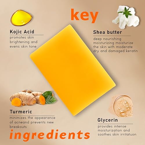 Miniatura 6 de Barras de jabón de ácido kójico de cúrcuma, removedor de manchas oscuras para rostro y cuerpo, ingredientes naturales y orgánicos, almohadillas de