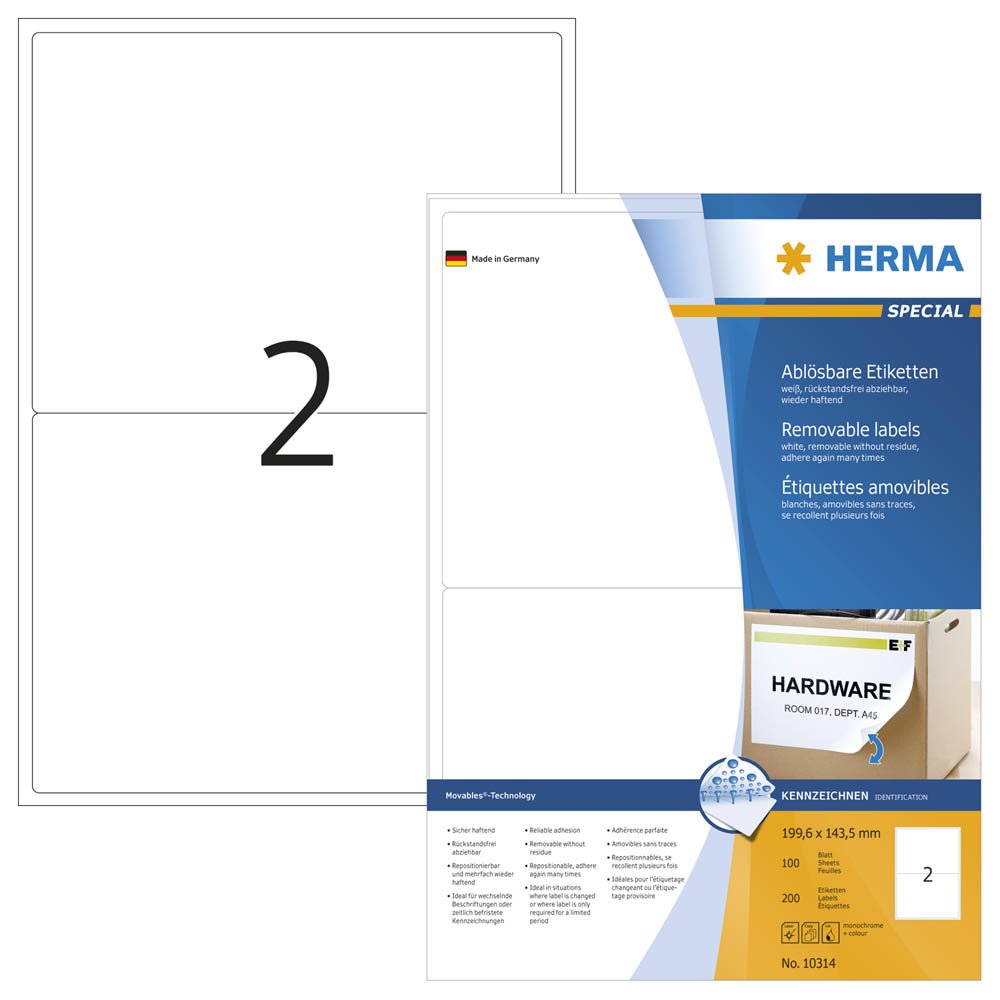 200 HERMA 10314 Etiketten / weiß / 199,6 x 143,5 mm / wieder ablösbar